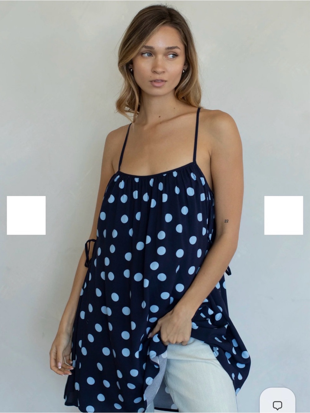 Navy Blue Polka Dot Midi Dress with Spaghetti Straps